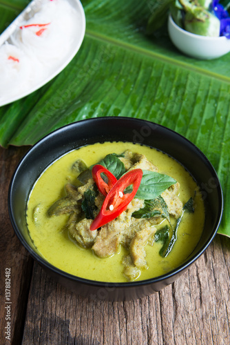 Green curry creamy coconut milk with chicken with thai rice noodle photo