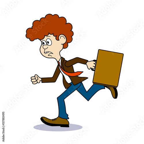 Ridiculous caricature, businessman hurries on the robot, a vector illustration.