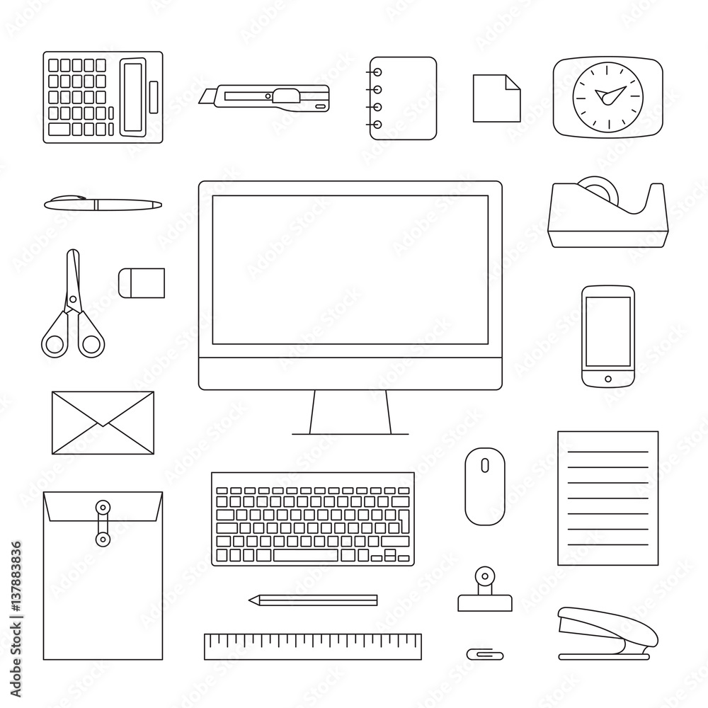 Minimal style icon Stationary Office set, thin line symbol, Vector illsutration. Minimal style icon Stationary Office set, thin line symbol, Vector illsutration.