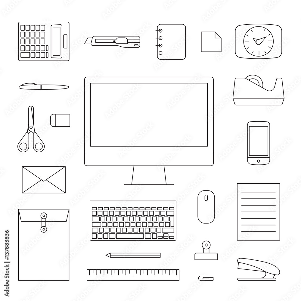 Minimal style icon Stationary Office set, thin line symbol, Vector illsutration.