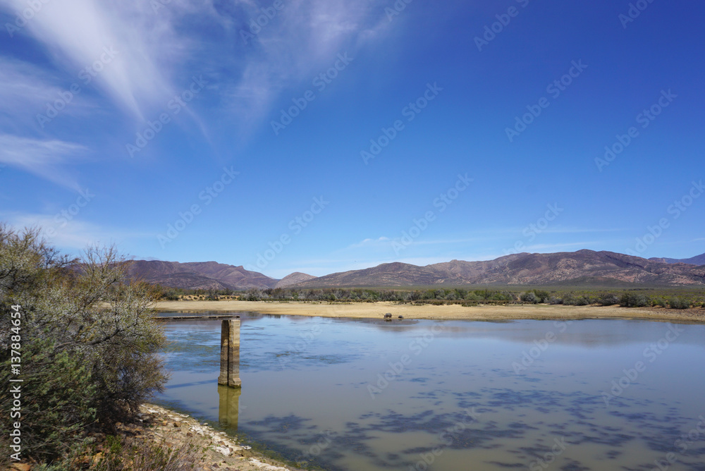 Africa safari landscape with river ,meadow and mountain background