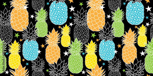 Fun Pineapples Vector Repeat Seamless Pattrern in Black, Blue, Orange and Gre...