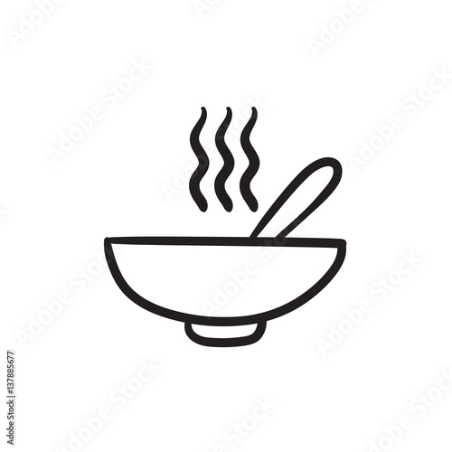 Bowl of hot soup with spoon sketch icon.