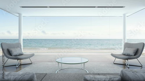 Living room in beach house, Modern luxury interior with sea view - 3D rendering