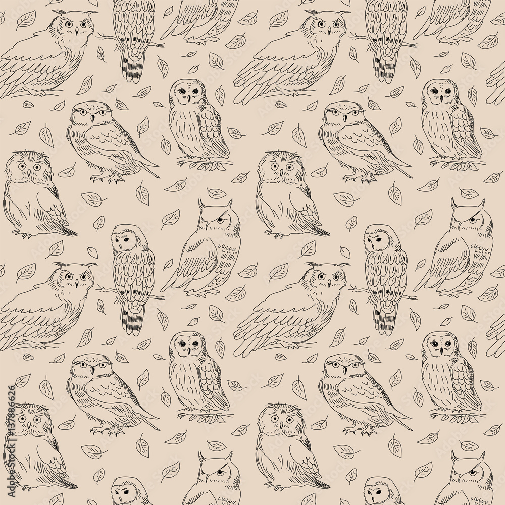 Fototapeta premium Seamless pattern with owls and wild forest leaves