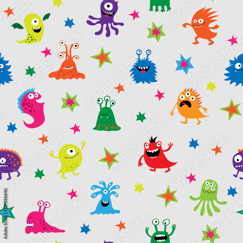 Cute seamless pattern with different cheerful monsters and stars