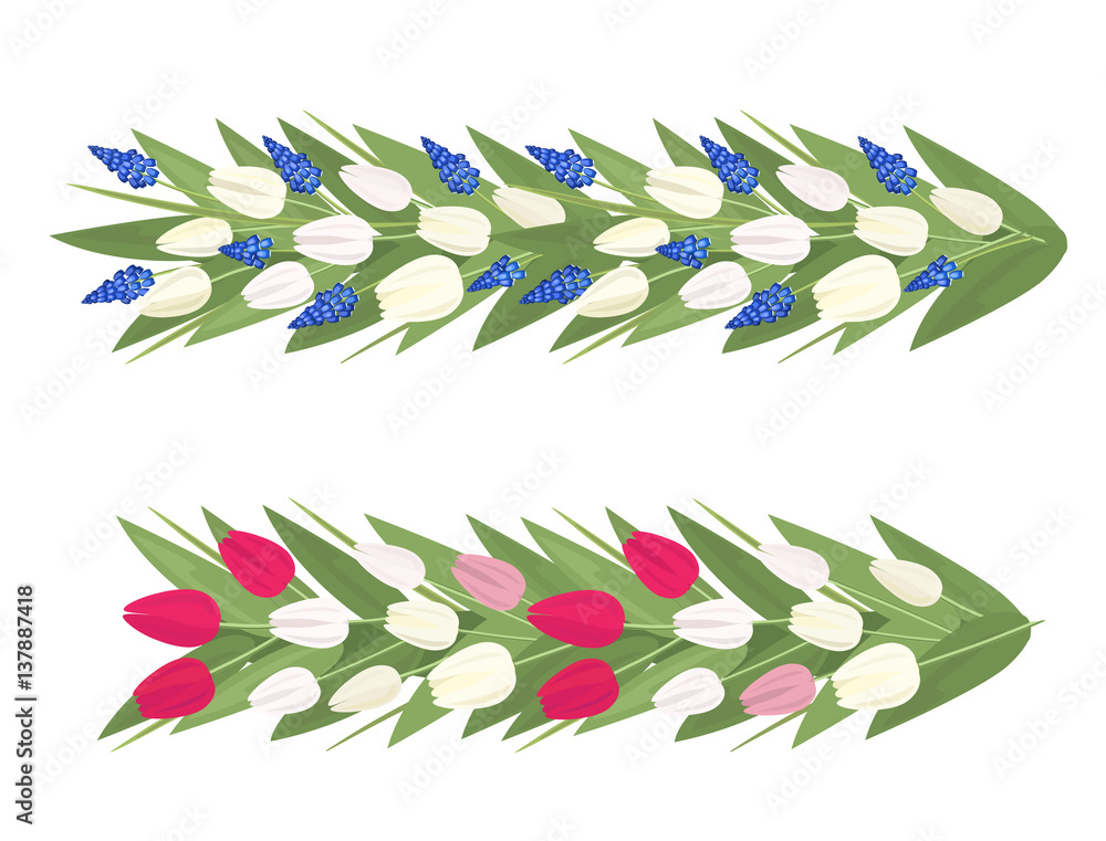 Fototapeta premium Vector spring flowers garland with pink and white tulips and Muscari on white background. Can be connected in a longer strip
