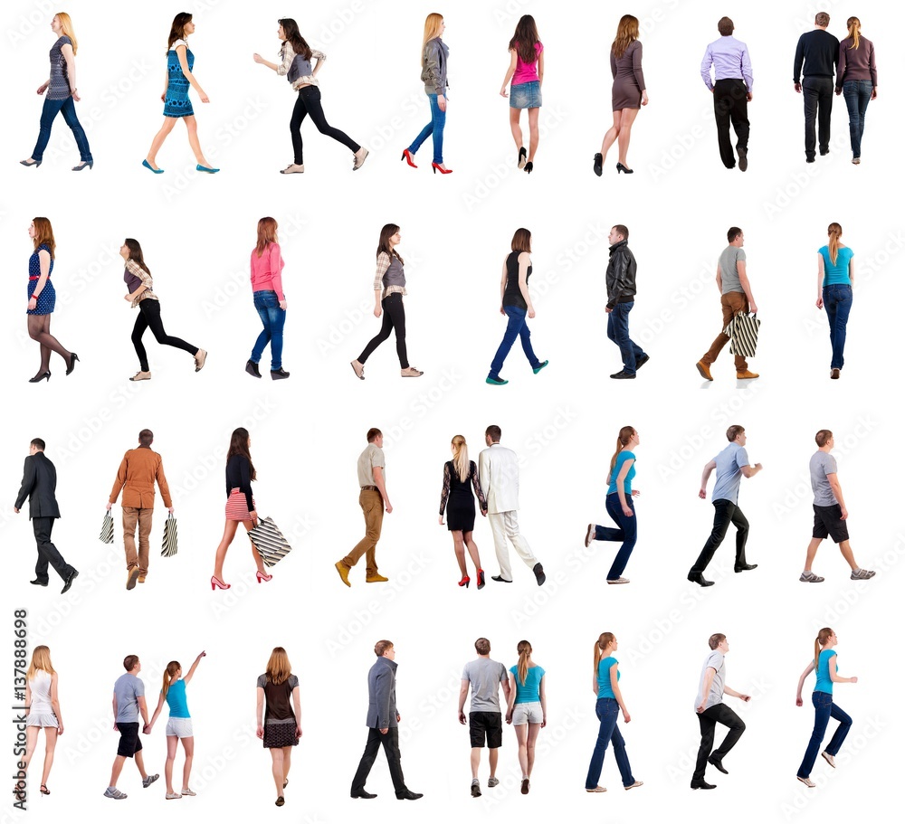 collection back view of walking people . going people in motion set. backside view of person. Rear view people collection. Isolated over white background. people of different genders and in different