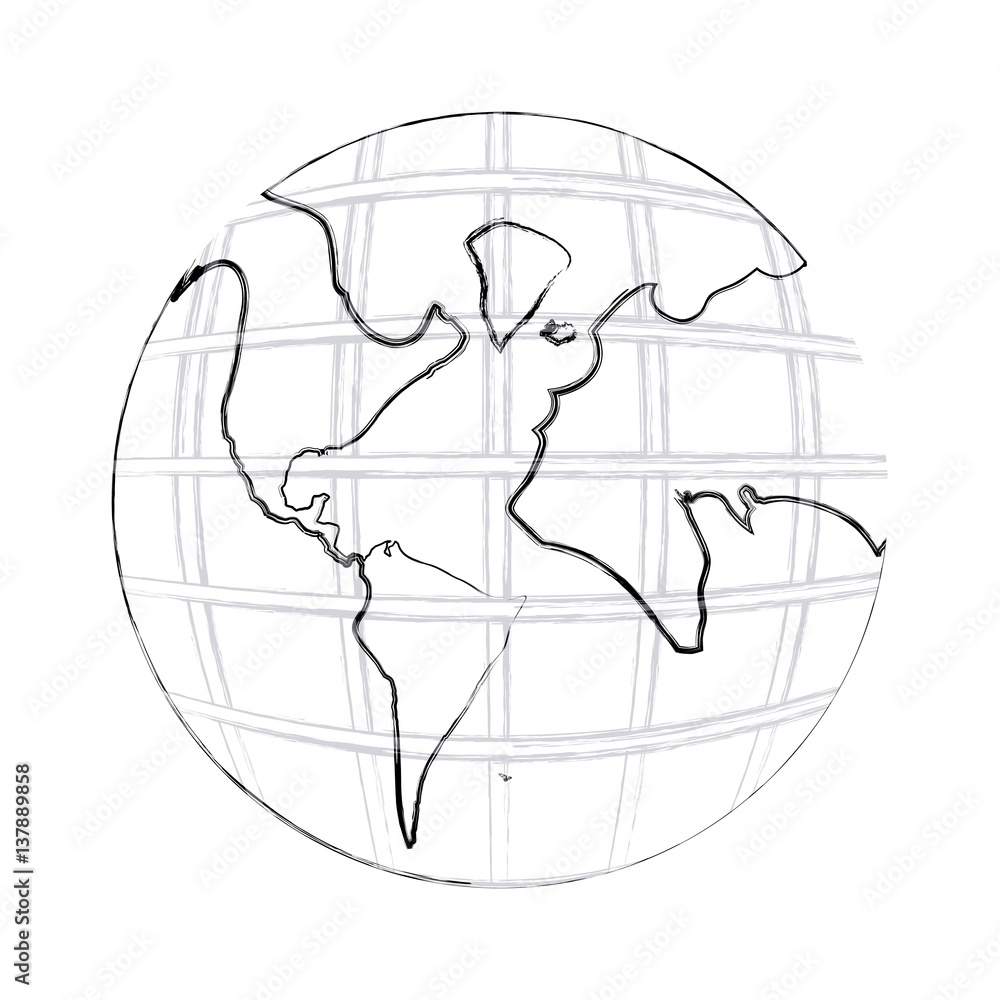 Monochrome Contour Hand Drawing Of Earth World Map With Continents