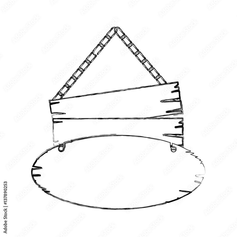 monochrome contour of pair pieces old wooden sign board with chains vector illustration monochrome contour of pair pieces old wooden sign board with chains vector illustration
