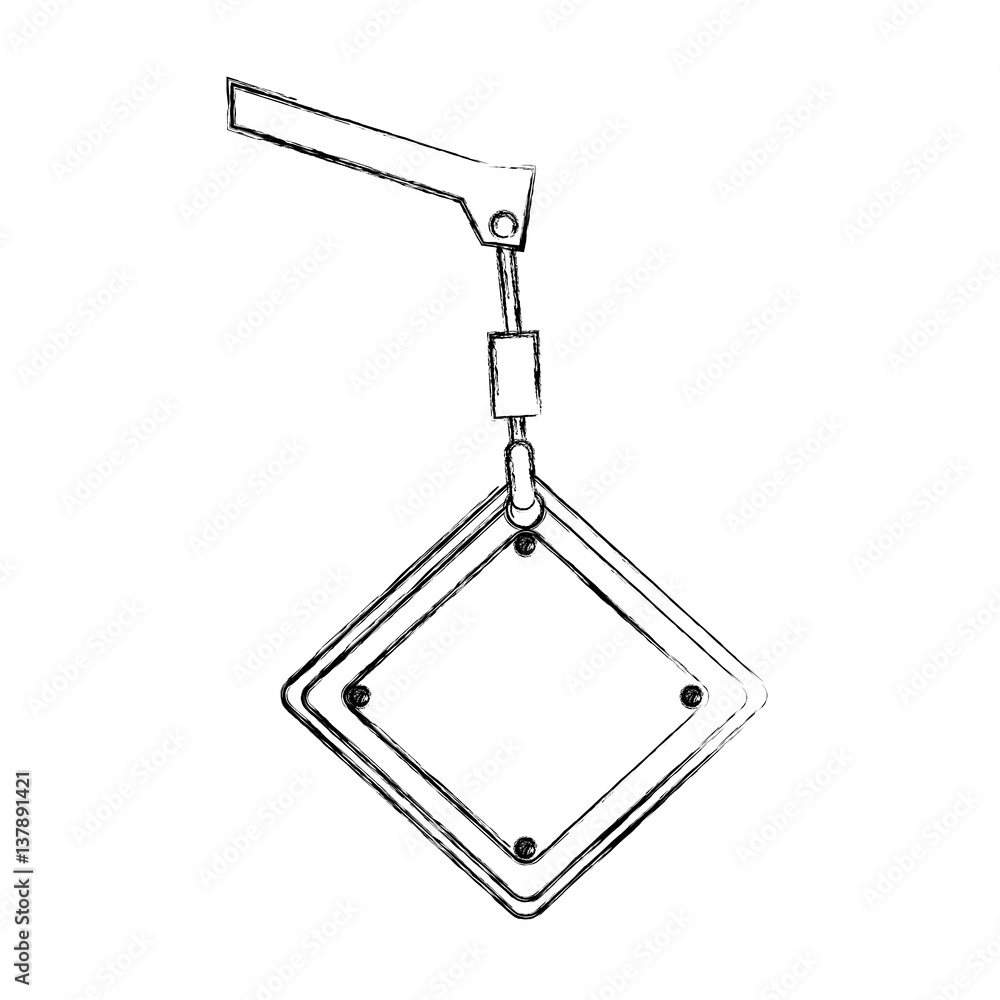 monochrome contour hand drawing of crane hook holding a diamond traffic sign close up vector illustration monochrome contour hand drawing of crane hook holding a diamond traffic sign close up vector illustration