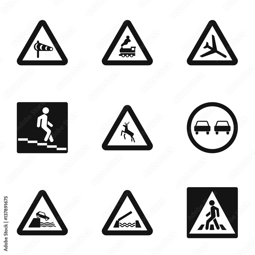 Traffic sign icons set, simple style Traffic sign icons set, simple style