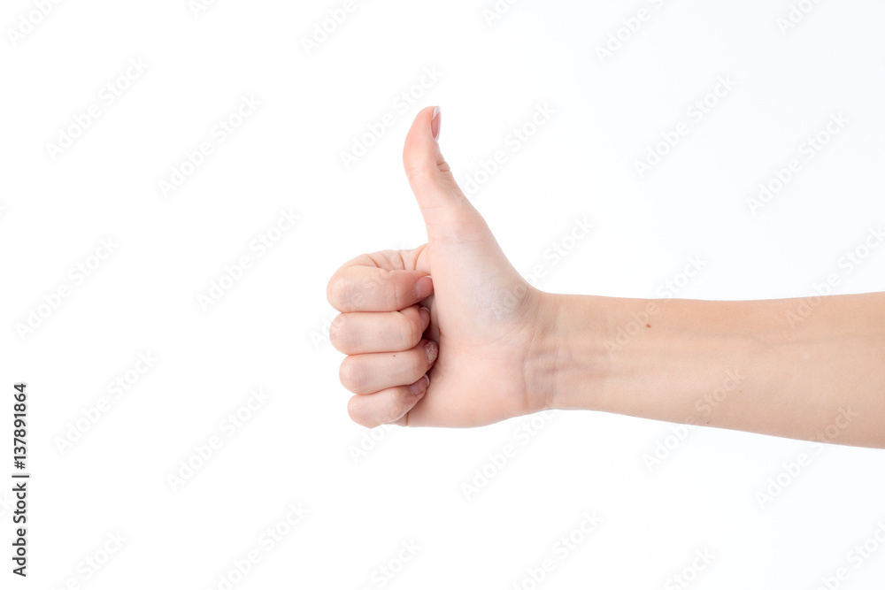 female hand outstretched to the side and showing the gesture class isolated on white background