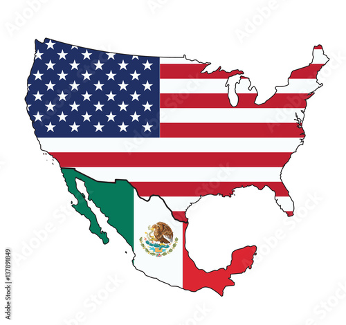 Flag map of USA and Mexico