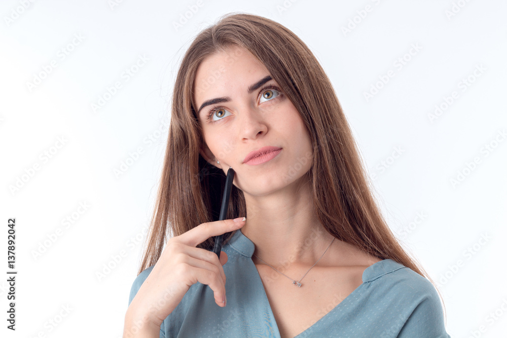 young girl looks severe afar is isolated on white background young girl looks severe afar is isolated on white background
