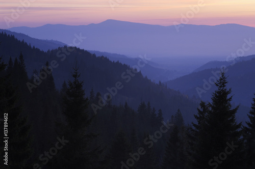 Hasmas Mountains at dawn, Cheile Bicazului-Hasmas National Park, Carpathian Mountains, Transsylvania, Romania, October 2008 photo