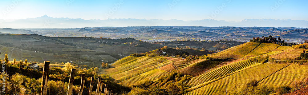 wide panorama of Langhe region in northern italy, on autumn,unes