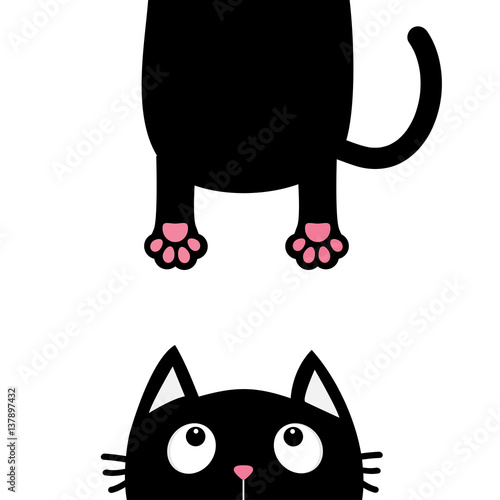 Black cat looking up. Funny face head silhouette. Hanging fat body paw print, tail. Kawaii animal. Baby card. Cute cartoon character. Pet collection. Flat design White background. Isolated.