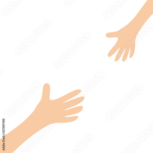 Two hands arms reaching to each other. Mother and baby Helping hand. Close up body part. Happy Valentines day. Flat design. White background. Isolated.
