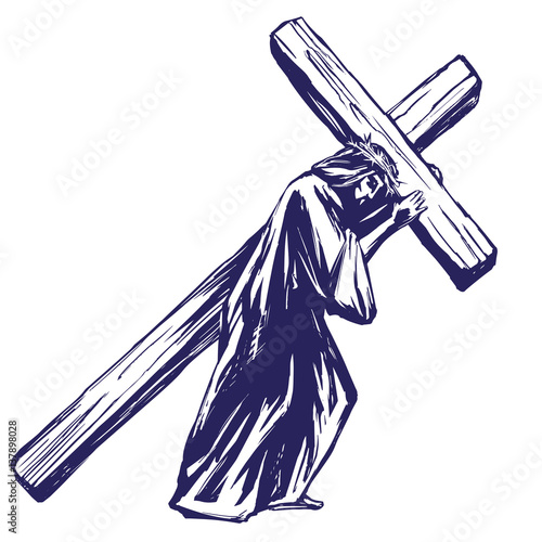Jesus Christ, Son of God carries the cross before the crucifixion, symbol of Christianity hand drawn vector illustration sketch