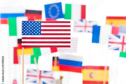 American flag against flags of EU member states