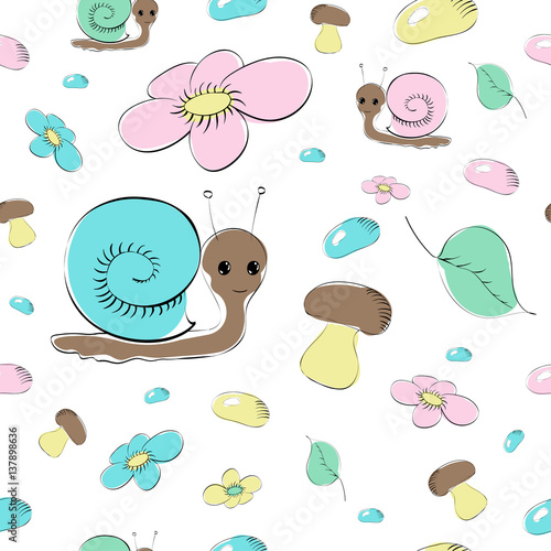 seamless pattern with snails, mushrooms and flowers for kids. vector avaliable photo
