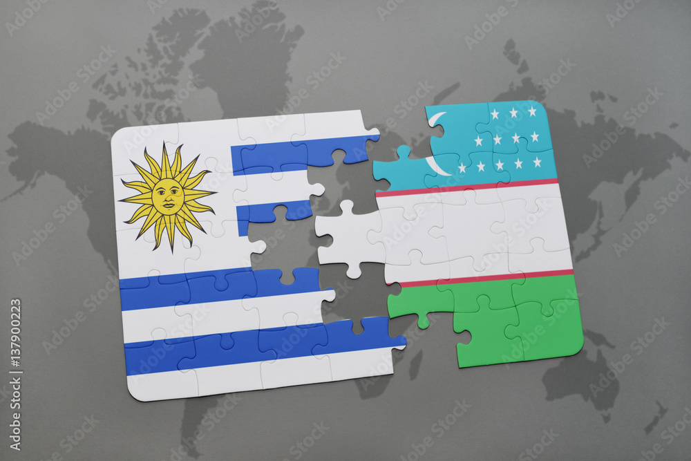 puzzle with the national flag of uruguay and uzbekistan on a world map