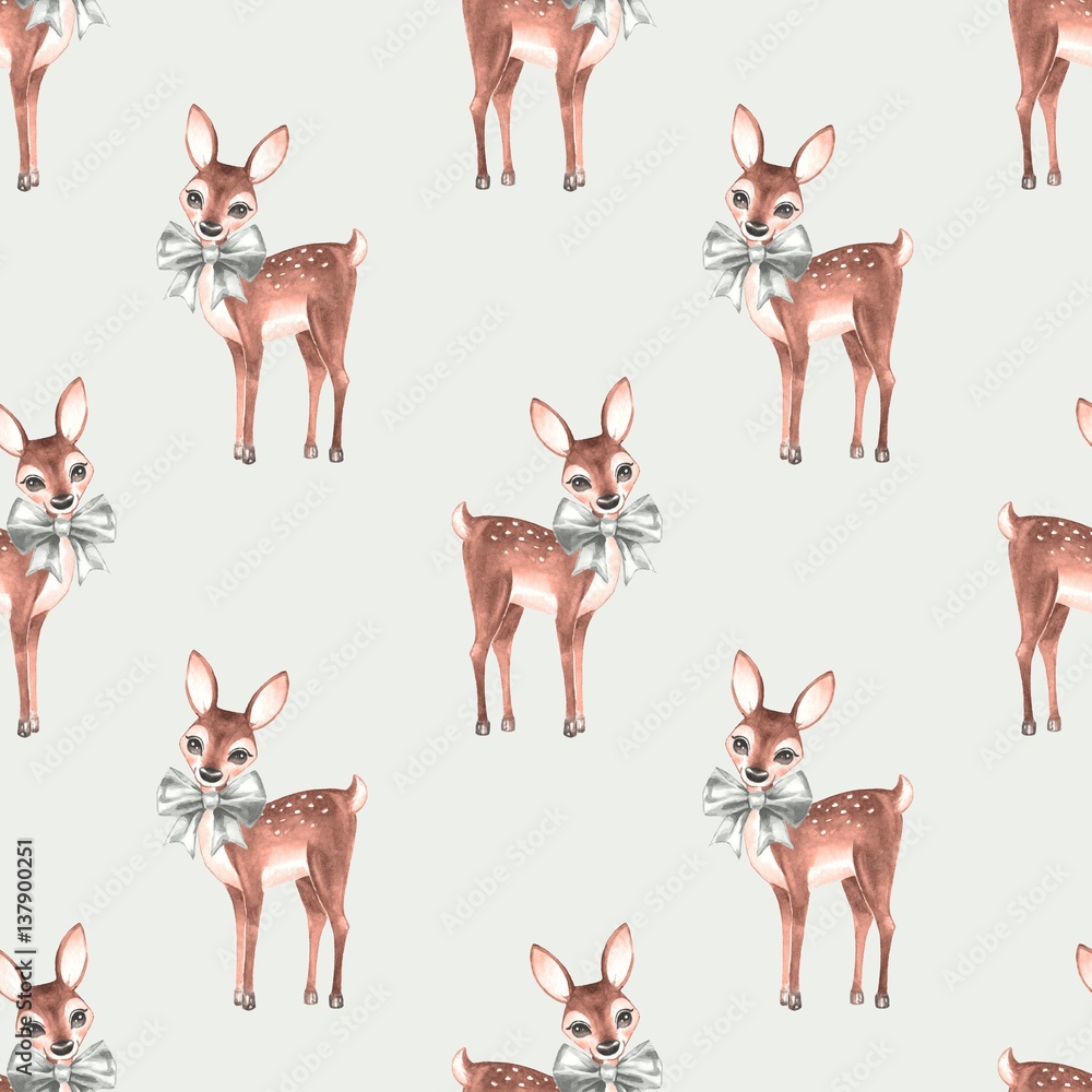 Pattern with Baby Deer. Hand drawn cute fawn on paper background ...