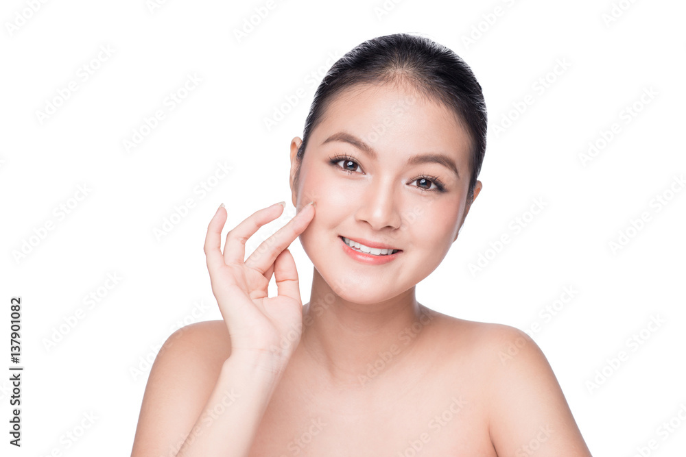 Skin care. Beautiful Young Asian Woman with Clean Fresh Skin touch her face Skin care. Beautiful Young Asian Woman with Clean Fresh Skin touch her face