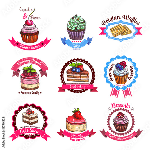 Bakery or pastry dessert cakes vector sketch icons