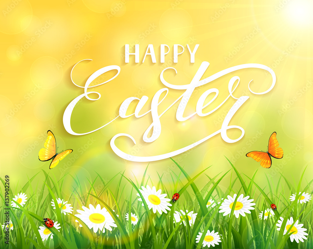 Yellow Easter background with grass and flowers