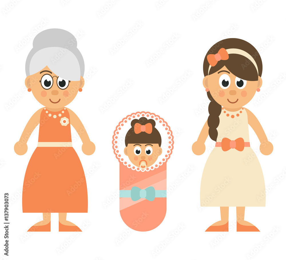 cartoon little baby girl and mother and grandmother cartoon little baby girl and mother and grandmother