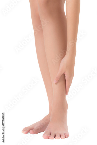 woman holding massage shin and calf in pain area isolated on white background