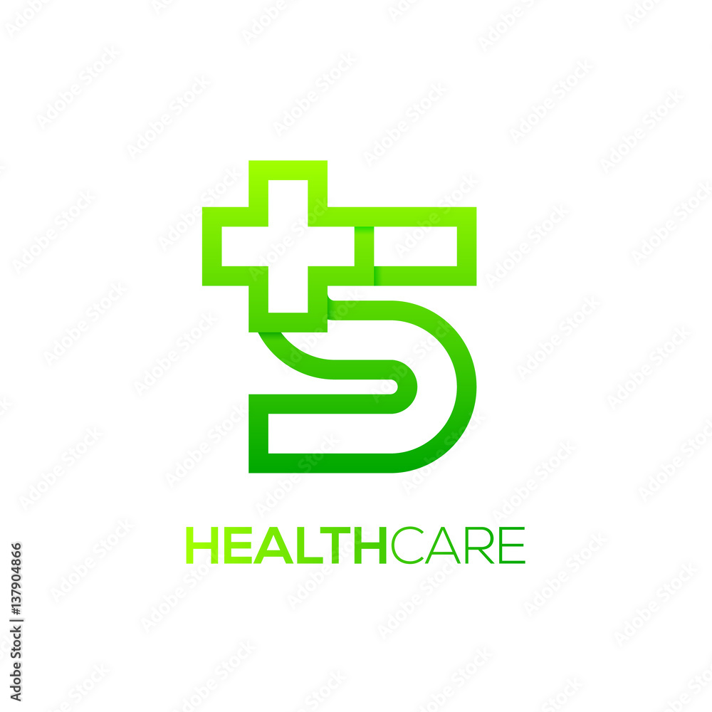 Fototapeta premium Letter S cross plus logo Green color,Medical healthcare hospital Logotype