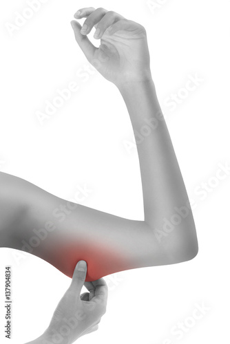 Woman pinches cellulite on arm fat black and white with red highlight isolated on white background