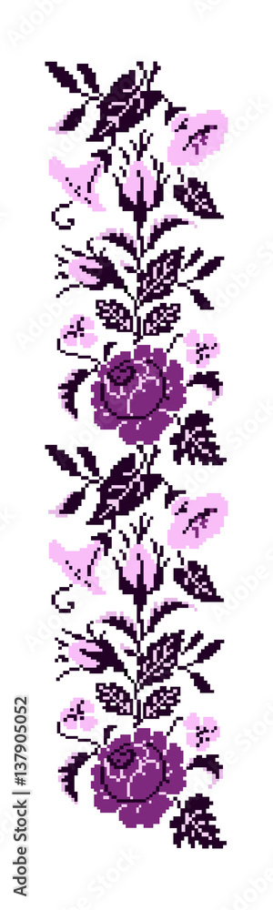 Color bouquet of flowers (roses, bellflowers and pansies) using traditional Ukrainian embroidery elements. Violet and pink tones. Border pattern. Can be used as pixel-art. Color bouquet of flowers (roses, bellflowers and pansies) using traditional Ukrainian embroidery elements. Violet and pink tones. Border pattern. Can be used as pixel-art.