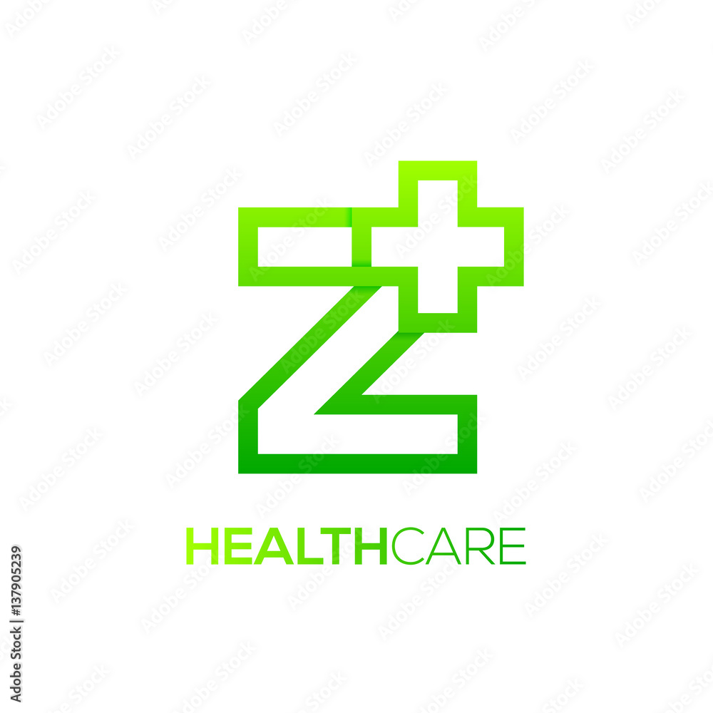 Letter Z cross plus logo Green color,Medical healthcare hospital Logotype