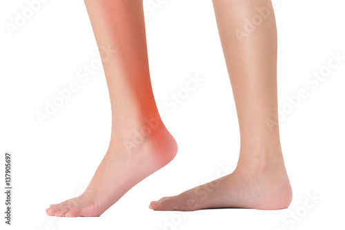 Side view of woman's feet in walking pose with red highlighted on ankle and calf in pain area, Isolated on white background. © kintarapong
