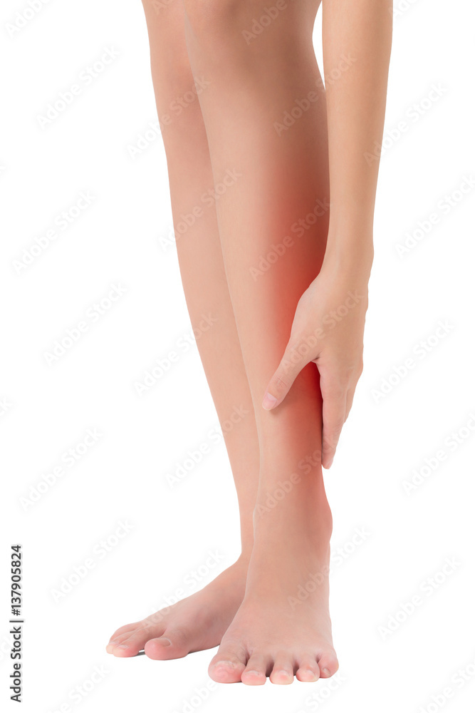 woman holding her beautiful healthy long leg with massaging shin and calf in pain area with red highlighted, Isolated on white background. woman holding her beautiful healthy long leg with massaging shin and calf in pain area with red highlighted, Isolated on white background.