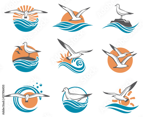 collection of seagull icons with sea waves