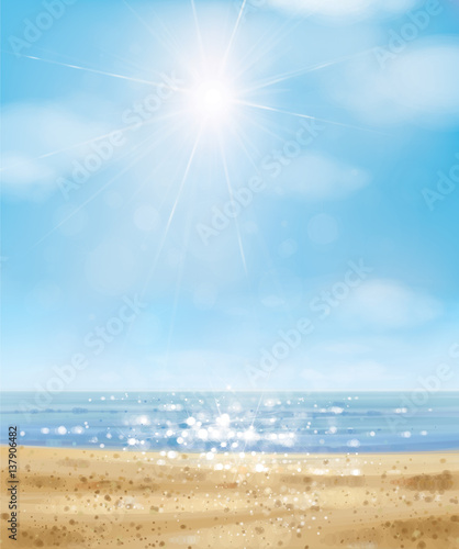 Vector  ocean with blue  sky and sandy beach.