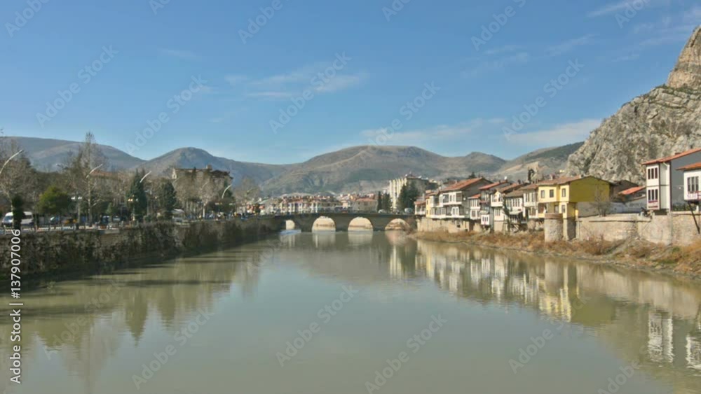 Old Ottoman houses evening panoramic view by the Yesilirmak River in Amasya City Old Ottoman houses evening panoramic view by the Yesilirmak River in Amasya City
