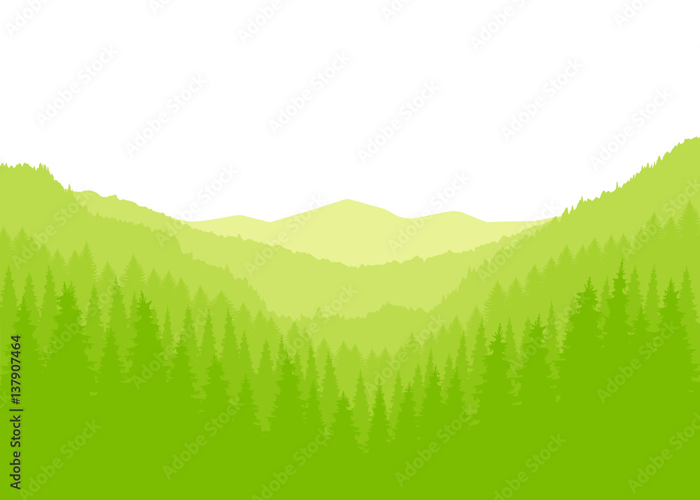 Fototapeta premium Eco banner. Panorama of mountains. Valley(canyon). Three peaks. Green shades.