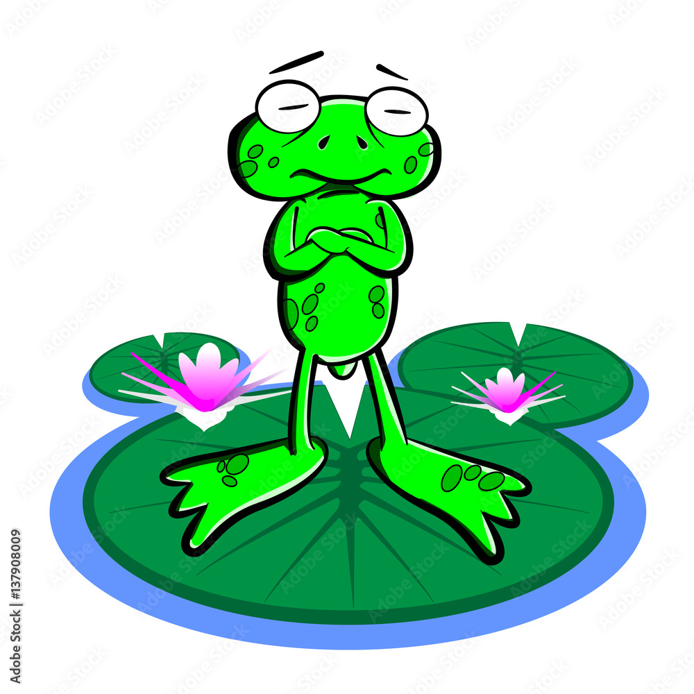 Obraz premium Frog cartoon vector standing on lotus leaf