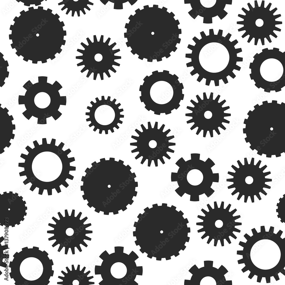Abstract vector seamless pattern mosaic of black cog wheels on white background. Industrial and retro technology design wallpaper. Abstract vector seamless pattern mosaic of black cog wheels on white background. Industrial and retro technology design wallpaper.