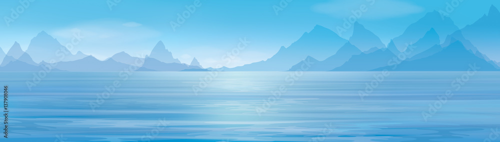 Vector blue panoramic sea on mountains background. Vector blue panoramic sea on mountains background.