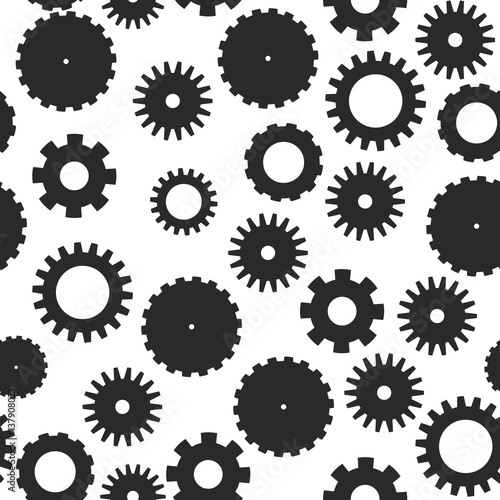 Abstract vector seamless pattern mosaic of black cog wheels on white background. Industrial and retro technology design wallpaper.