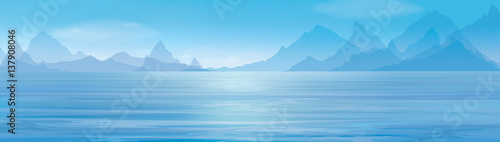 Vector blue panoramic sea   on  mountains  background.