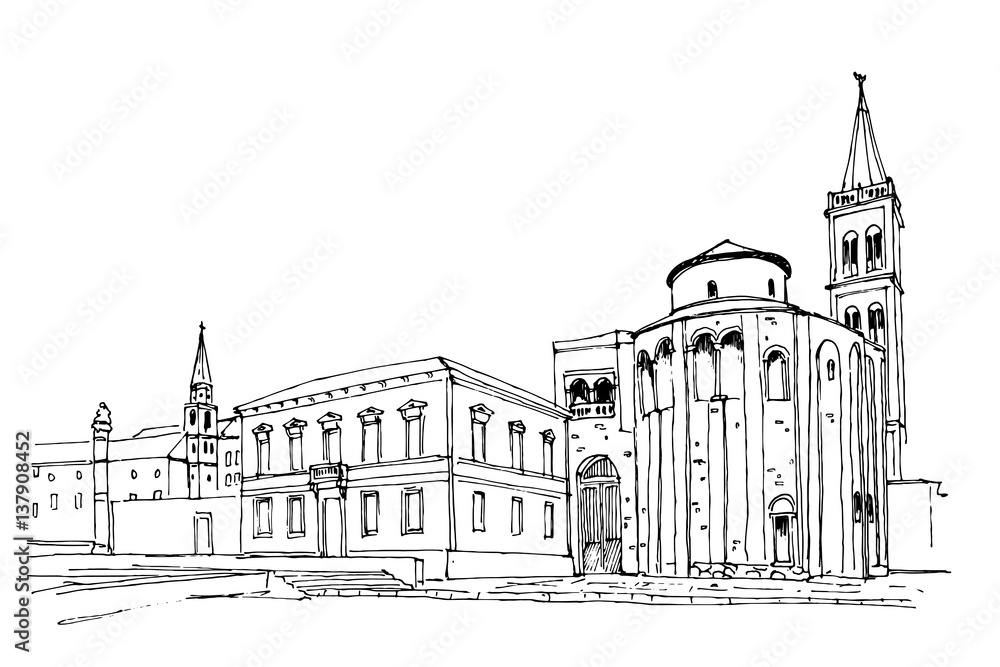 Vector sketch of church of St. Donat on the roman forum, Zadar, Croatia