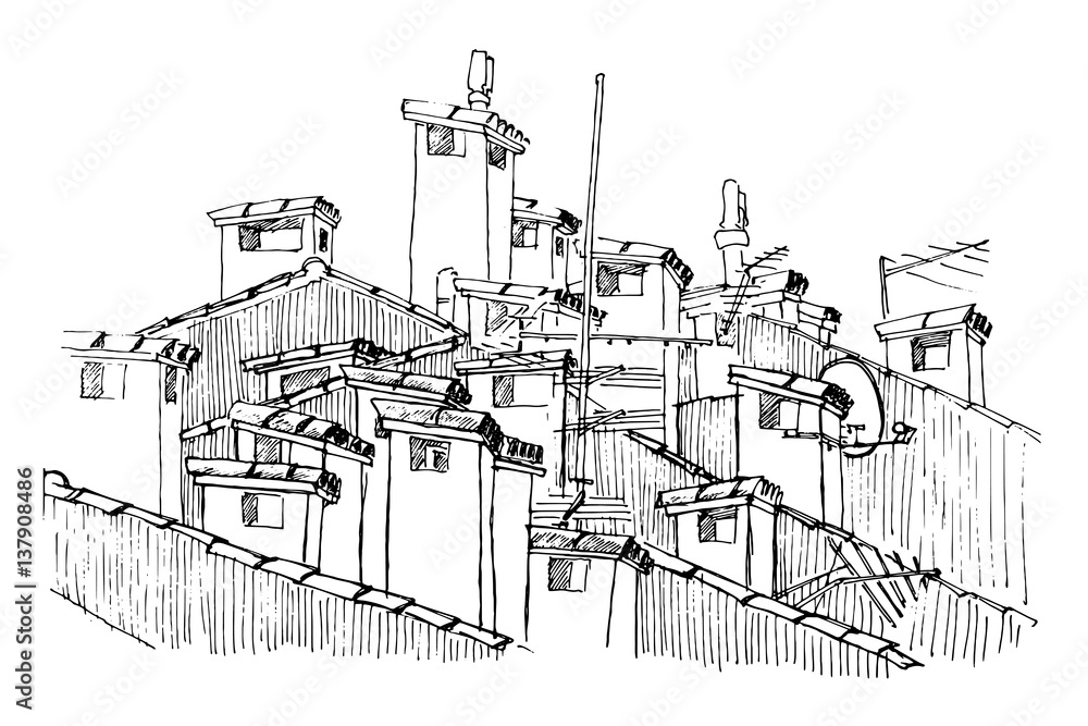 Vector sketch of roofs and chimneys